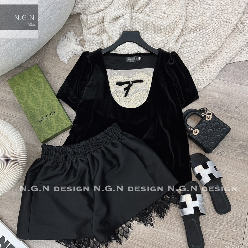 Sét áo nhung nơ quần tacta ren