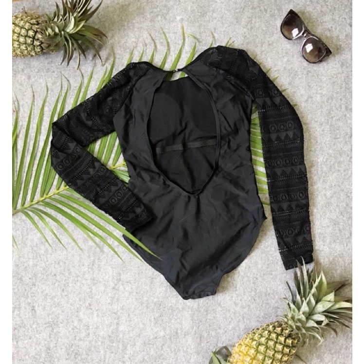Bộ đồ bơi monokini bikini liền mảnh ren tay đen cho nữ