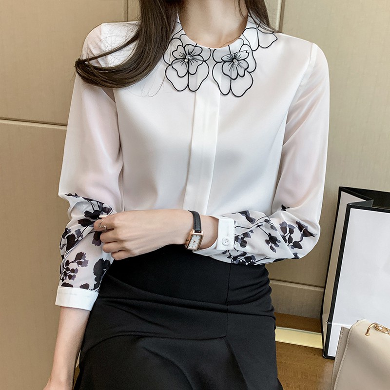 Áo Sơ Mi chiffon Tay Dài Cổ Cánh Hoa Thời Trang Xuân Thu Dễ Phối Đồ Cho Nữ