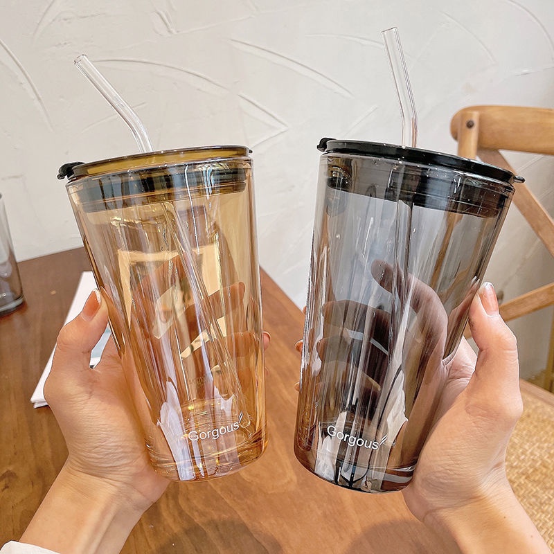 Ly Thủy Tinh Cao, Cốc Thuỷ Tinh 450ml Có Nắp Kèm Ống Hút 2 Màu Hổ Phách, Khói Sang Trọng