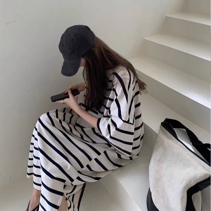 Đầm Thun Nữ Sọc Ngang Trắng Đen Thời Trang Hàn Quốc