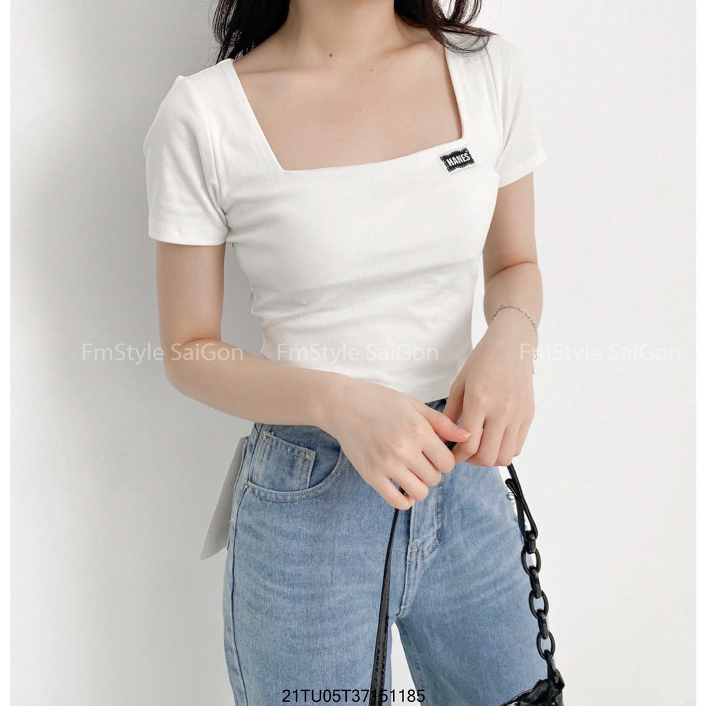 Áo thun tay ngắn cổ vuông thêu HANES ulzzang VM STYLE 22ATU03T370101