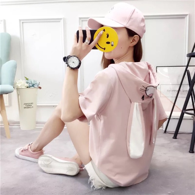 (order-k có sẵn) ảnh thật ở cuối: Áo hoodie cộc tay tai thỏ
