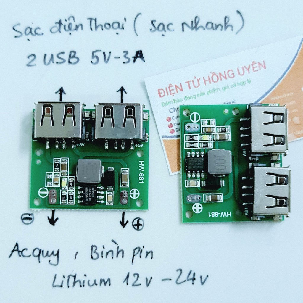 Mạch sạc điện thoại 5V 3A (/2 mạch). Chế sạc điện thoại trên ô tô, xe máy. Điện vào 12V - 24V. Điện áp ra 2 USB 5V 3A