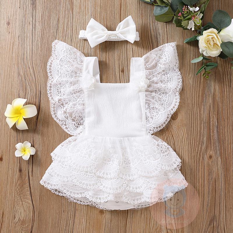 LAA6-Summer Infant Lace Romper Outfit, Baby Girls Sweet Style Flower Pattern Fly Sleeve Layered Splicing Jumpsuit + Headwear