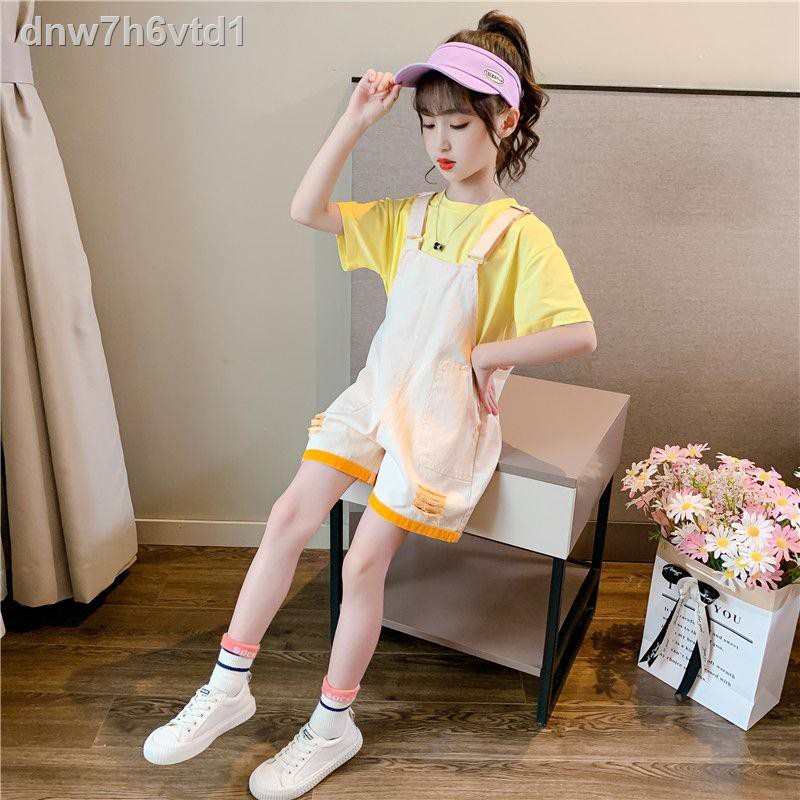 Quần yếm mùa hè cho bé gái mỏng phiên bản Hàn Quốc đùi lửng trẻ em kiểu mới 2021 xu hướng áo hai dây ngắn tay