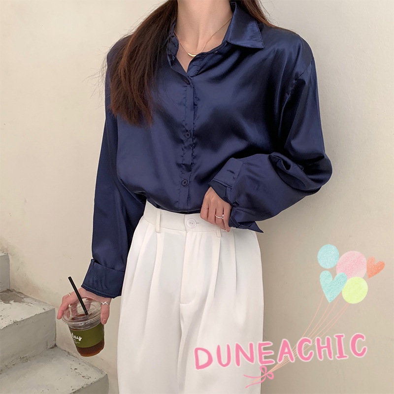 DUNEA Áo Sơ Mi Vải Satin Tay Dài Dáng Rộng 7 Màu Lựa Chọn Cho Nữ