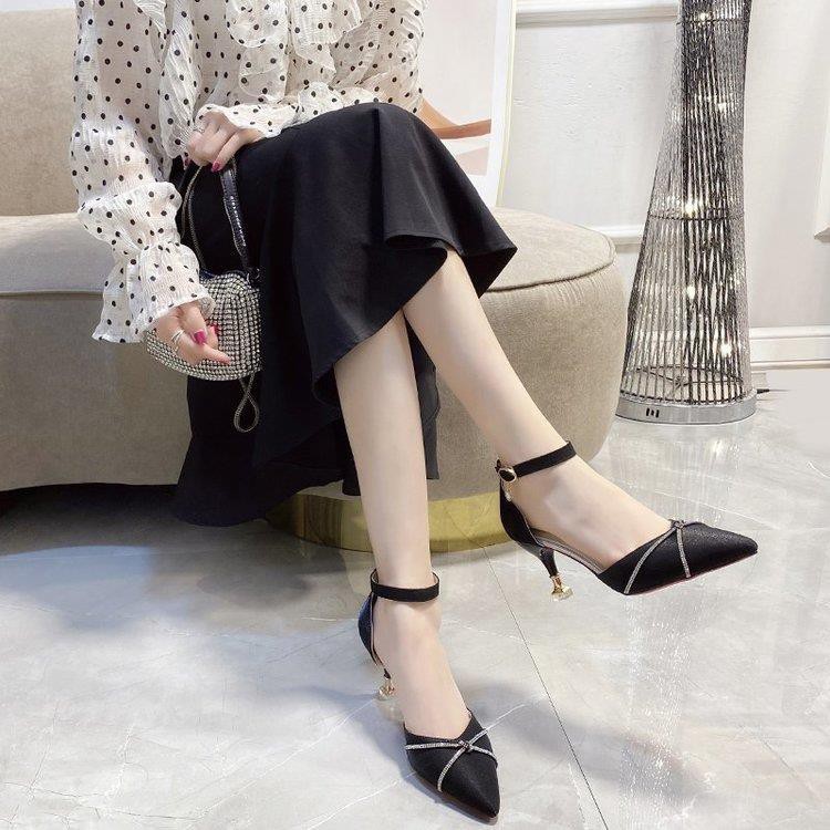 ✟℗European and American temperament rhinestone satin pointed high heels women s spring summer 2021 new hollow stiletto banquet dress shoes