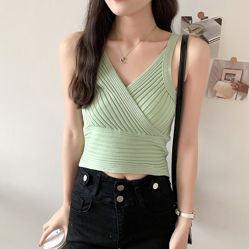 Áo Croptop Dệt Kim Không Tay Cổ Chữ V Màu Trơn Họa Tiết Kẻ Sọc Quyến Rũ Cho Nữ