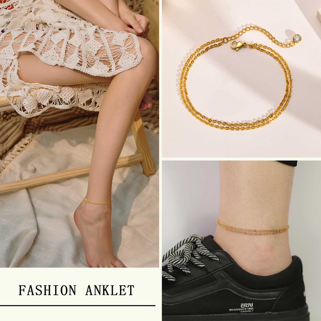 Vnox Lắc Chân Nhiều Lớp Mạ Vàng 14K Đính Đá Zircon Có Thể Điều Chỉnh Thời Trang Cho Nữ