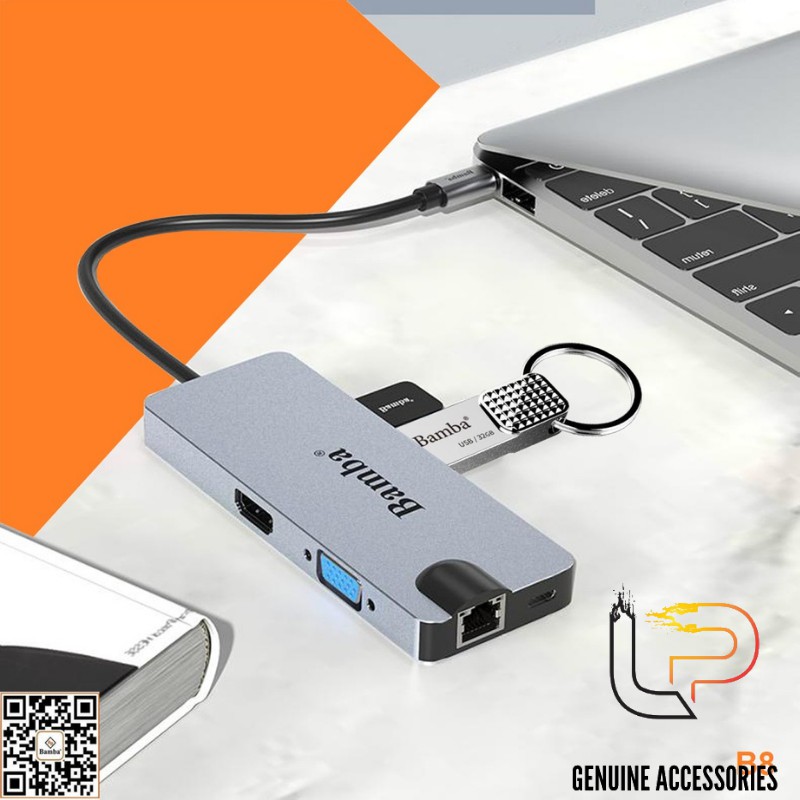 HUB CHUYỂN USB TYPE-C RA 2 USB 3.0+ 2 ĐỌC THẺ+1HDMI+1 VGA+1RJ45 (1000)+1USB C BAMBA B8 (8.1)