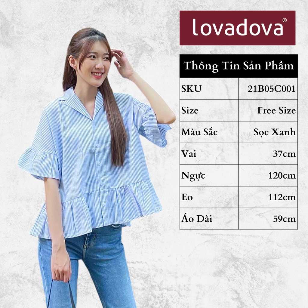 Áo Sơ Mi Kiểu Nữ, Cách Điệu Tay Áo Bèo, Tà Áo Bèo, Cổ Vest, Màu Xanh Sọc - Lovadova 21B05C001