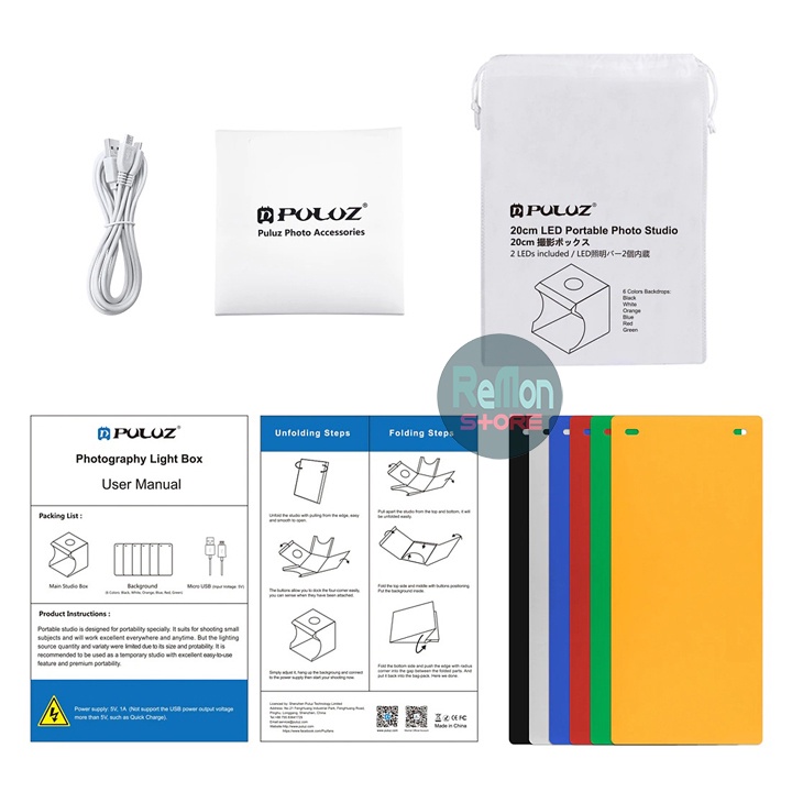 Hộp chụp sản phẩm Puluz 2 bảng LED 6 màu Backdrops size 24x23x22cm