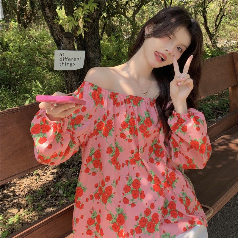 Áo Sơ Mi Nữ Trễ Vai Dáng Rộng In Hình Hoa Hồng Ngọt Ngào