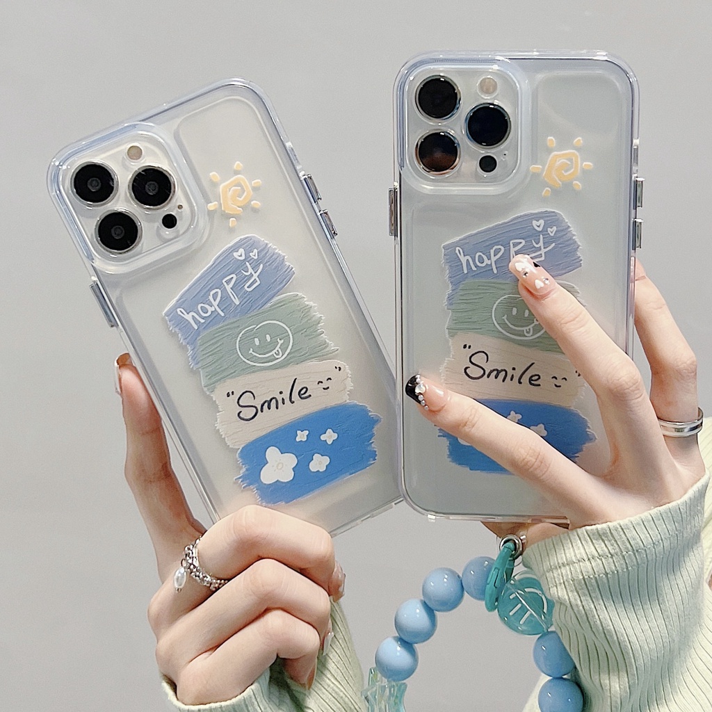 Ốp Điện Thoại Tpu Silicon Mềm Trong Suốt Hình Mặt Cười Đơn Giản Có Dây Đeo Ngọc Trai Cho iPhone 11 12 13 14 Pro XS Max XR