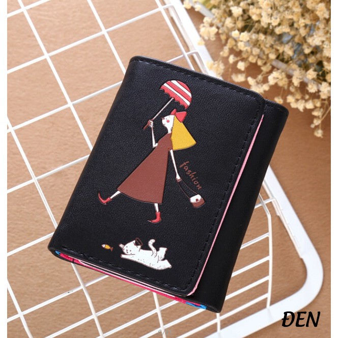 Ví Ngắn Cô Gái Cầm Dù Và Chú Mèo Fashion