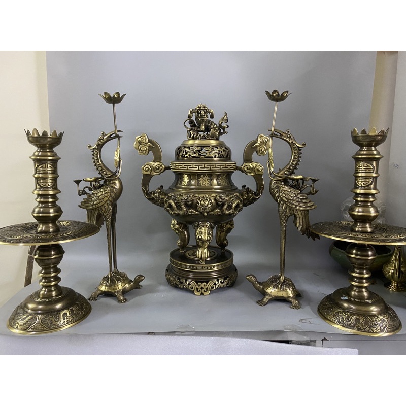 Bộ đỉnh thờ lư thờ rồng ngũ sự song long hàng đúc thủ công 50cm. Bộ đồ thờ đỉnh đồng thờ cúng cao 50cm.