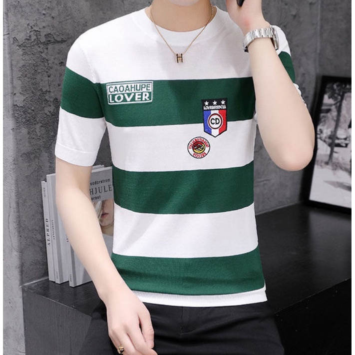 Áo Thun Lụa Lạnh Tay Ngắn Cổ Tròn Ôm Dáng Thêu Họa Tiết Kẻ Sọc Ngang Phong Cách Mới Mùa Hè Cho Nam