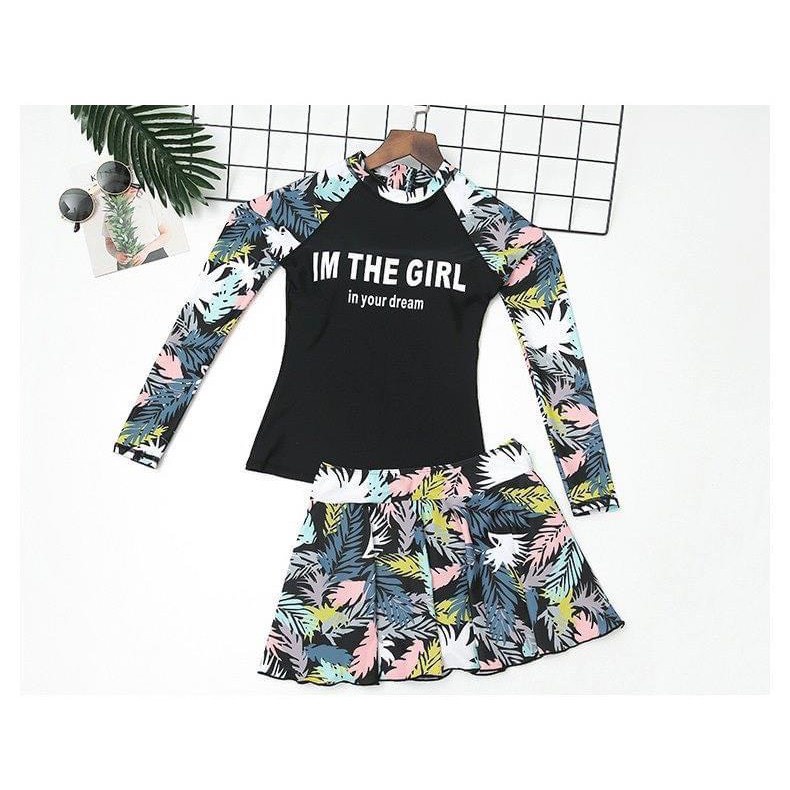 Bikini # Đồ Bơi Đi Biển Hai Mảnh Tay Dài Váy Xòe Hoa HM-051