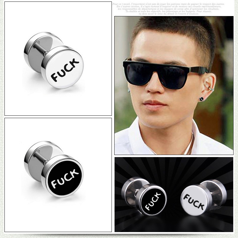 Khuyên tai nam nữ quả tạ họa tiết FUK cá tính