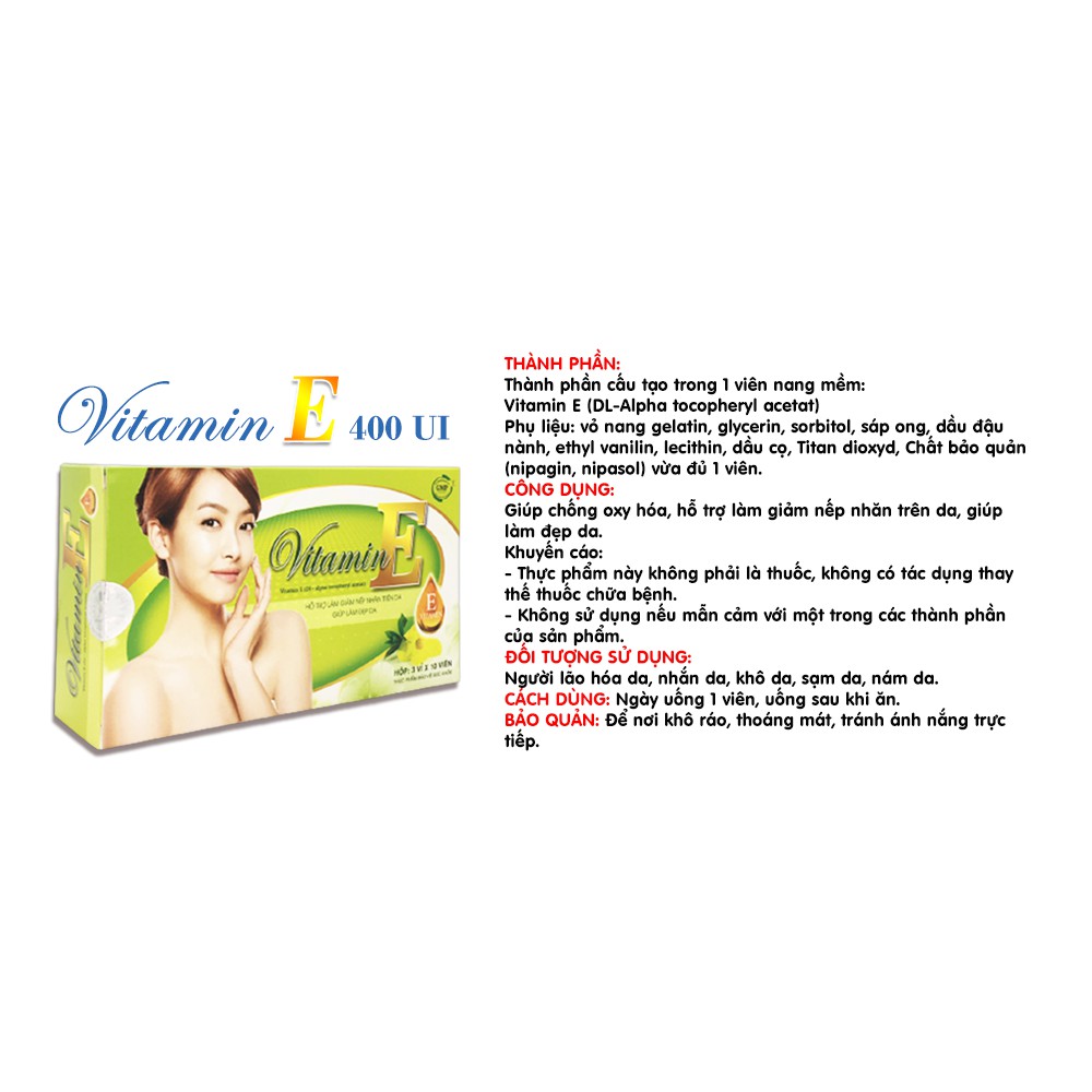 Viên uống trắng da VITAMIN E400 UI hàm lượng E rất cao, Giúp chống oxy hóa, hỗ trợ làm giảm nếp nhăn da, lão hóa da