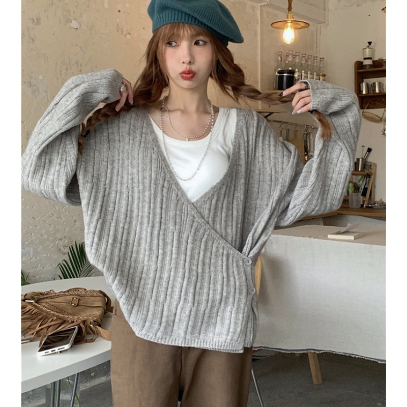 Áo Khoác Cardigan Dệt Kim Tay Dài Dáng Rộng Cổ Chữ V Thời Trang