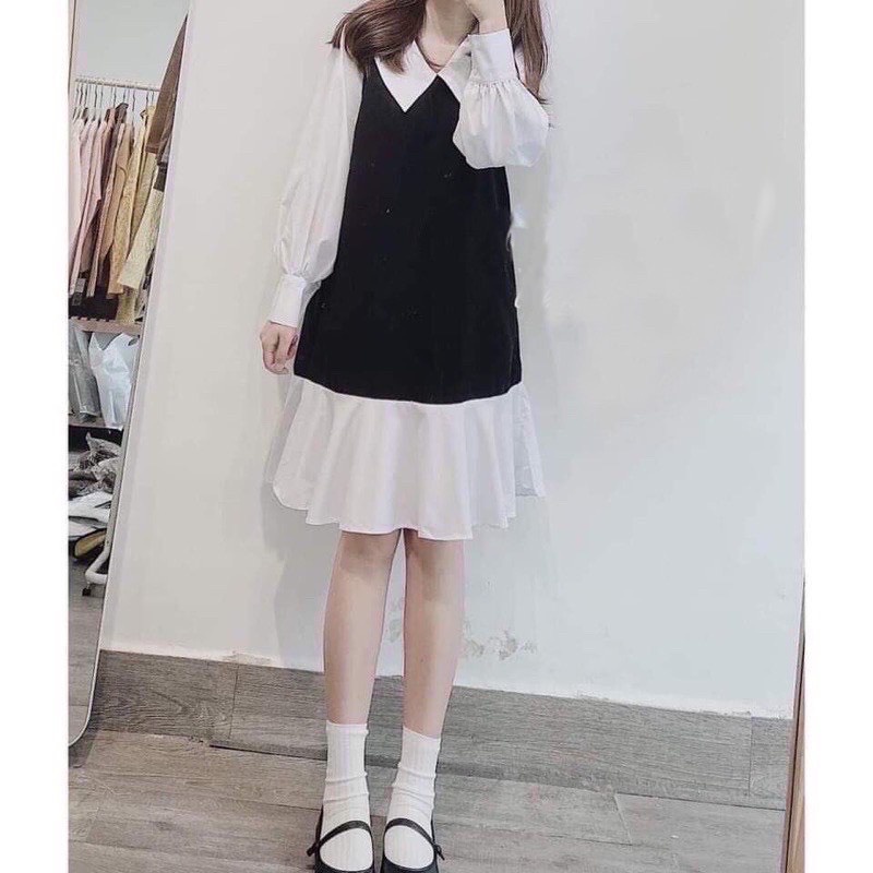 Váy Babydoll Nữ Đen Dài Tay Cổ Sen Trắng 🦋 Đầm Nữ Tay Bèo Đuôi Cá Phối Màu Thanh Lịch