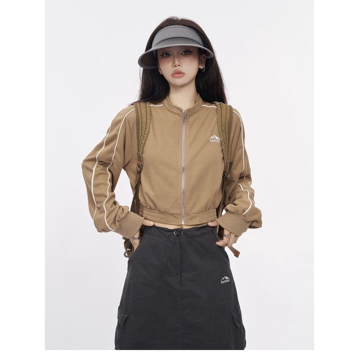 Áo Khoác Cardigan Cổ Đứng Dáng Ngắn Có Khóa Kéo Phong Cách Mỹ Thời Trang Mùa Thu Cho Nữ