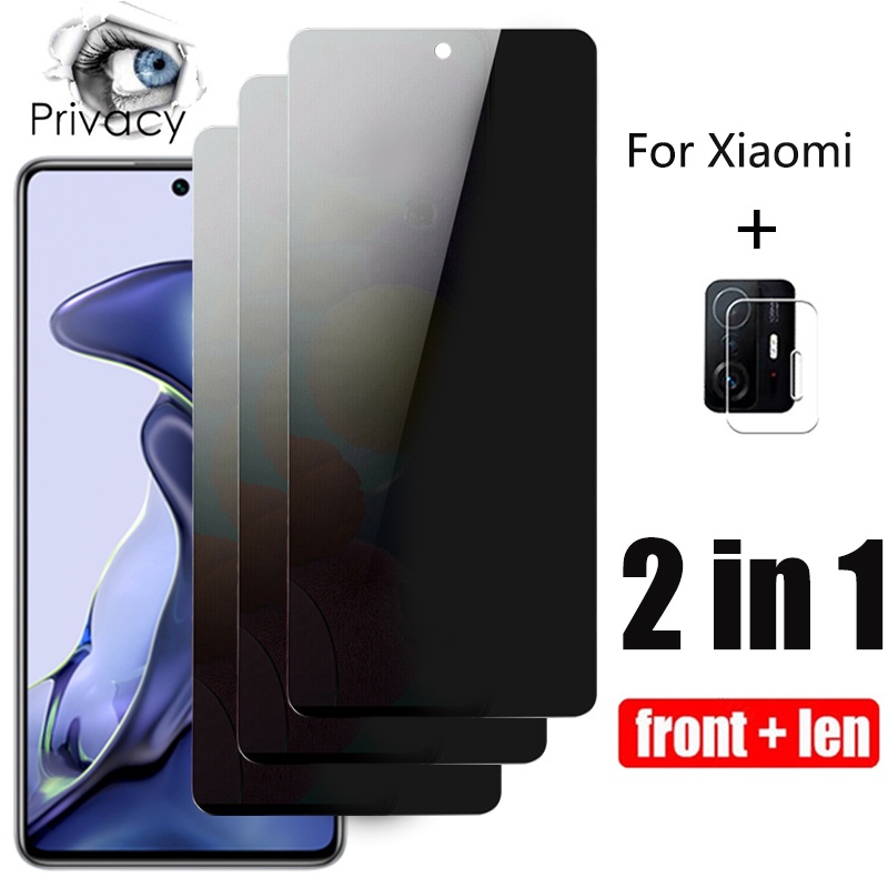 2 In 1 Kính Cường Lực Chống Nhìn Trộm + Cường Lực Camera Xiaomi Mi 11 Lite 11T Pro 10T 9T Redmi Note 7 7A 8 8A 9 9s 9T 9A 9C 10 10s Poco M3 X3 NFC GT F3 11i F2