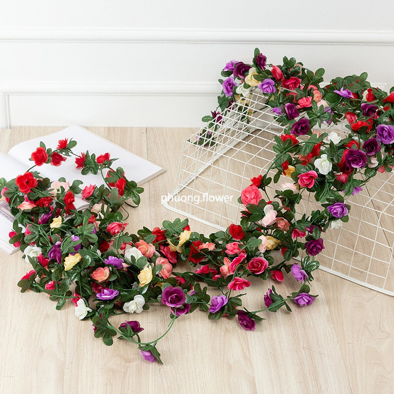 Dây hoa hồng leo giả bằng lụa loại hoa nhỏ dài 2.5m 45 bông hoa hồng dùng trang trí đỉnh của đẹp