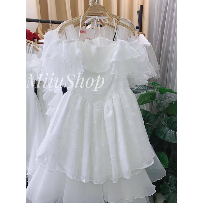 Đầm bẹt vai trắng dây cột yếm, kèm ảnh thật
