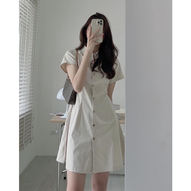 Váy Sơmi Kaki Cúc Dọc Chun Lưng Vintage | BigBuy360 - bigbuy360.vn