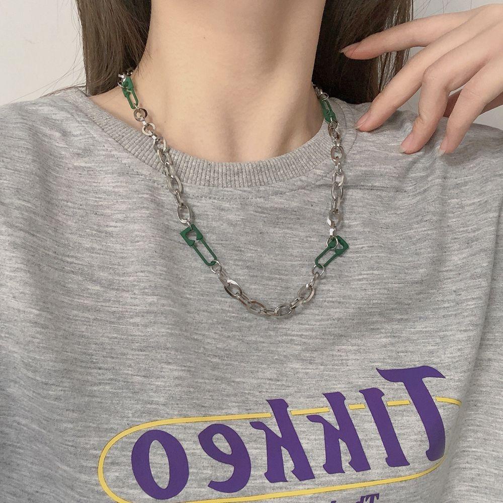 JARRED Vòng Cổ Dây Xích Màu Xanh Lá Phối Ghim Cài Đơn Giản Phong Cách Retro Hàn Quốc Cho Nữ