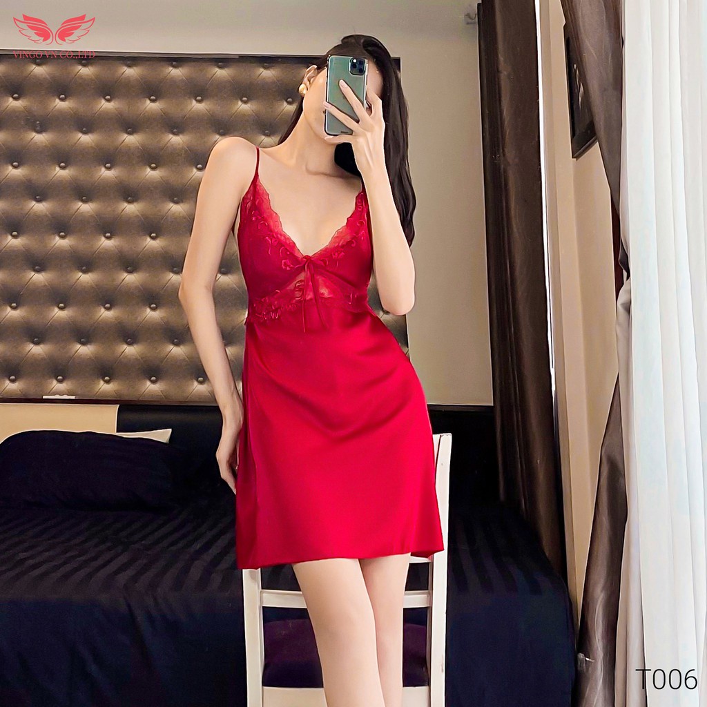 VINGO Váy Ngủ Hai Dây Mặc Nhà Nữ Lụa Cao Cấp Có Kèm Mút Ngực Phối Ren Sexy Nóng Bỏng T006 VNGO - HÀNG MỚI VỀ