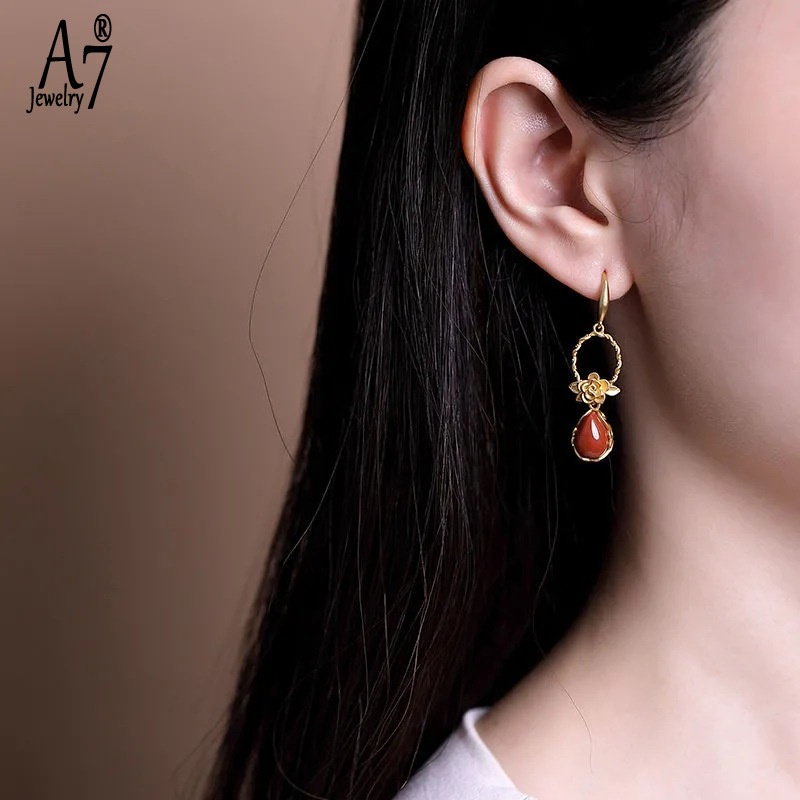Khuyên Tai Hình Hoa Mẫu Đơn Đính Đá Mã Não Đỏ A7 S925 Phong Cách Vintage