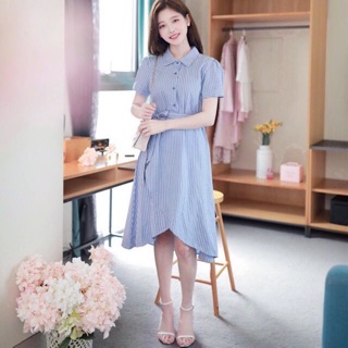 Đầm váy freesize sọc xanh xẻ tùng
