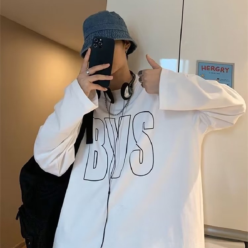 Áo Thun Tay Dài Cổ Tròn Dáng Rộng In Chữ Phong Cách Hip Hop Hàn Quốc Thời Trang Cho Nam Size M-5XL
