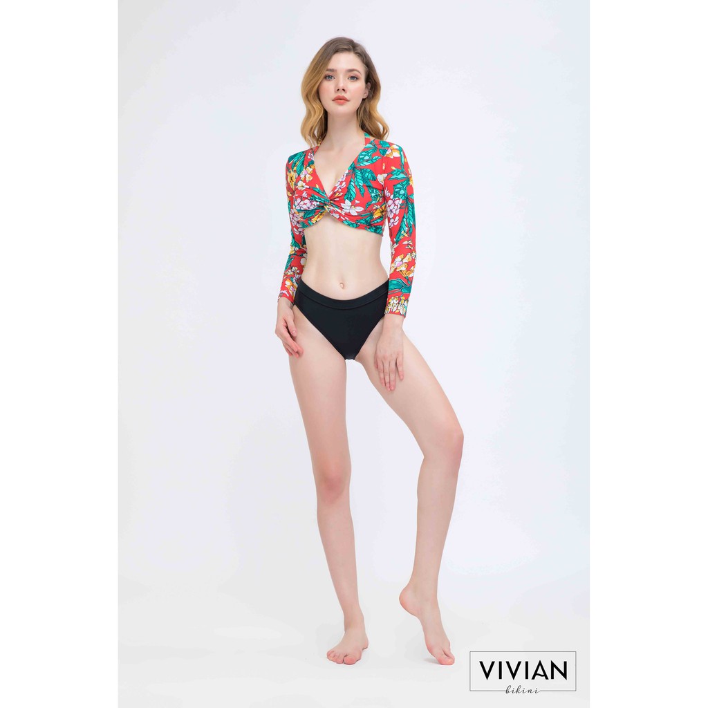 Áo bơi Nữ VIVIAN kiểu dáng tay dài cột V nhún- màu Đỏ - VS074_RD