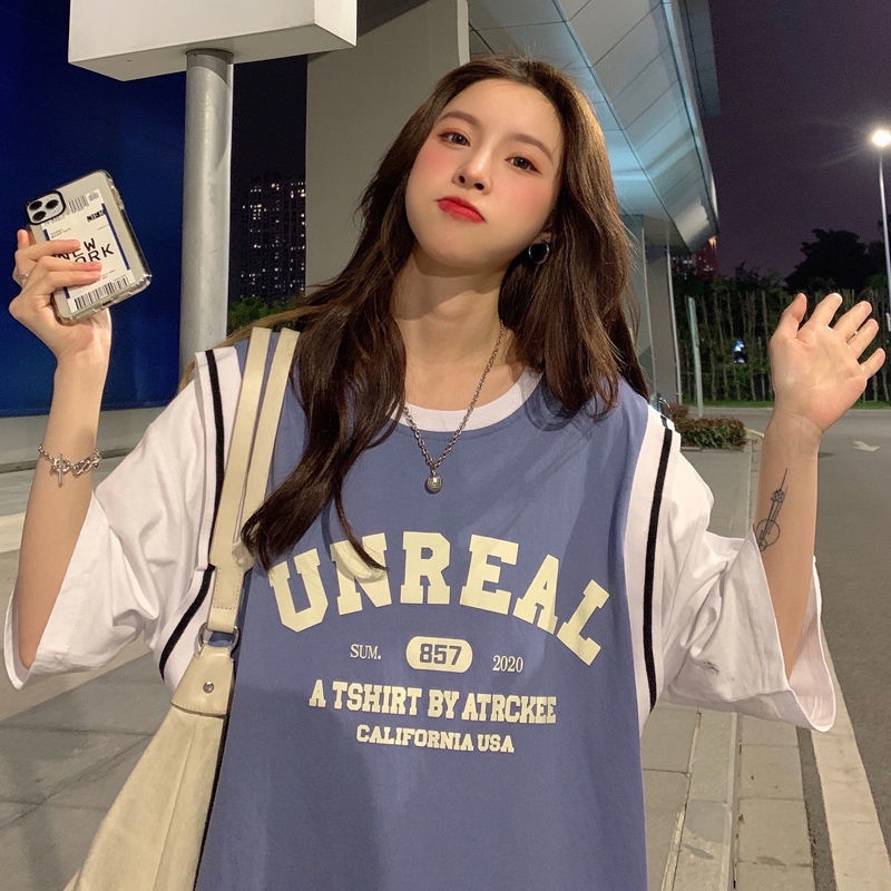 Áo thun tay ngắn giả hai lớp dáng rộng phong cách Hàn Quốc Harajuku cho nữ sinh
