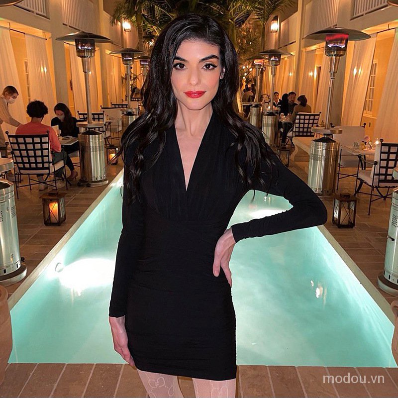 Đầm bodycon cổ chữ V tay dài 6Z0F