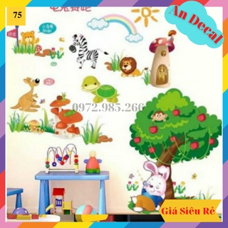 Tranh decal, decal dán tường trang trí phòng cho bé vườn thú thỏ ngồi gốc cây TE75