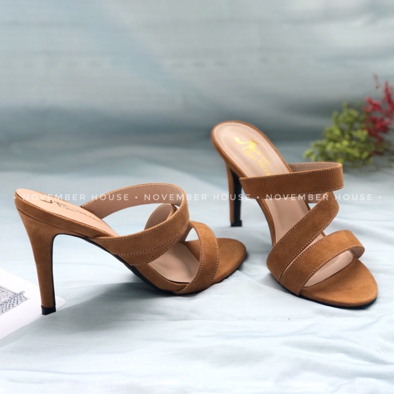 Guốc cao gót kiểu dáng gót nhọn phối dây bản to hoạ tiết trơn 2 màu, G7, Oula Store