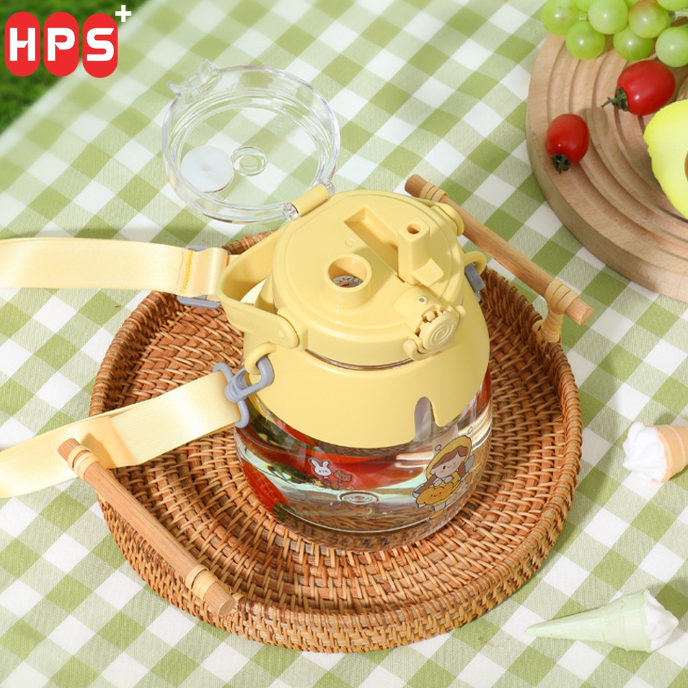 Bình nước 1,3L Bình đựng nước cute chịu nhiệt tốt, 2 đầu hút thẳng và ống hút, quai đeo chéo tiện lợi