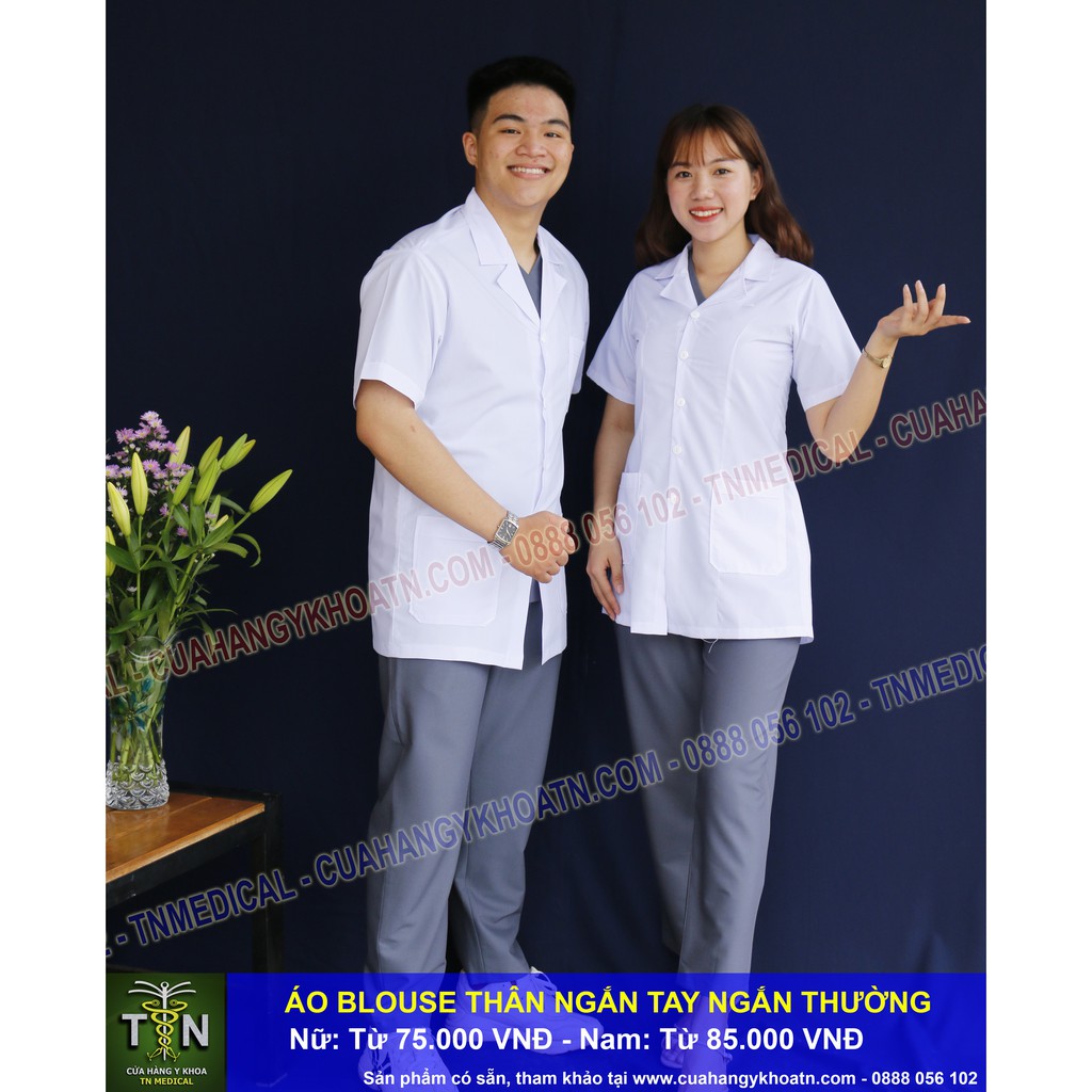 Áo Blouse (Blue) Tay Ngắn, Thân Ngắn Dược Sĩ, Điều Dưỡng, Y Tá - Thương hiệu TN Medical