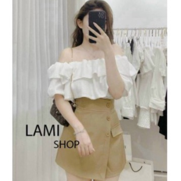 Set áo trễ vai phối bèo kèm chân váy dễ thương cho nữ đi chơi dự tiệc