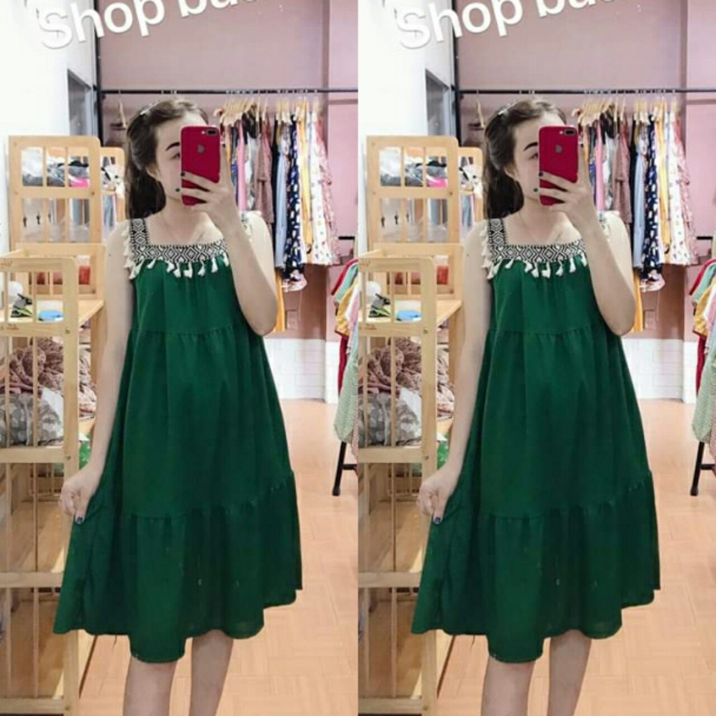 Đầm bầu, Váy bầu mùa hè shopanhthu-BCE579 phối thổ cẩm (freesize45-75kg)