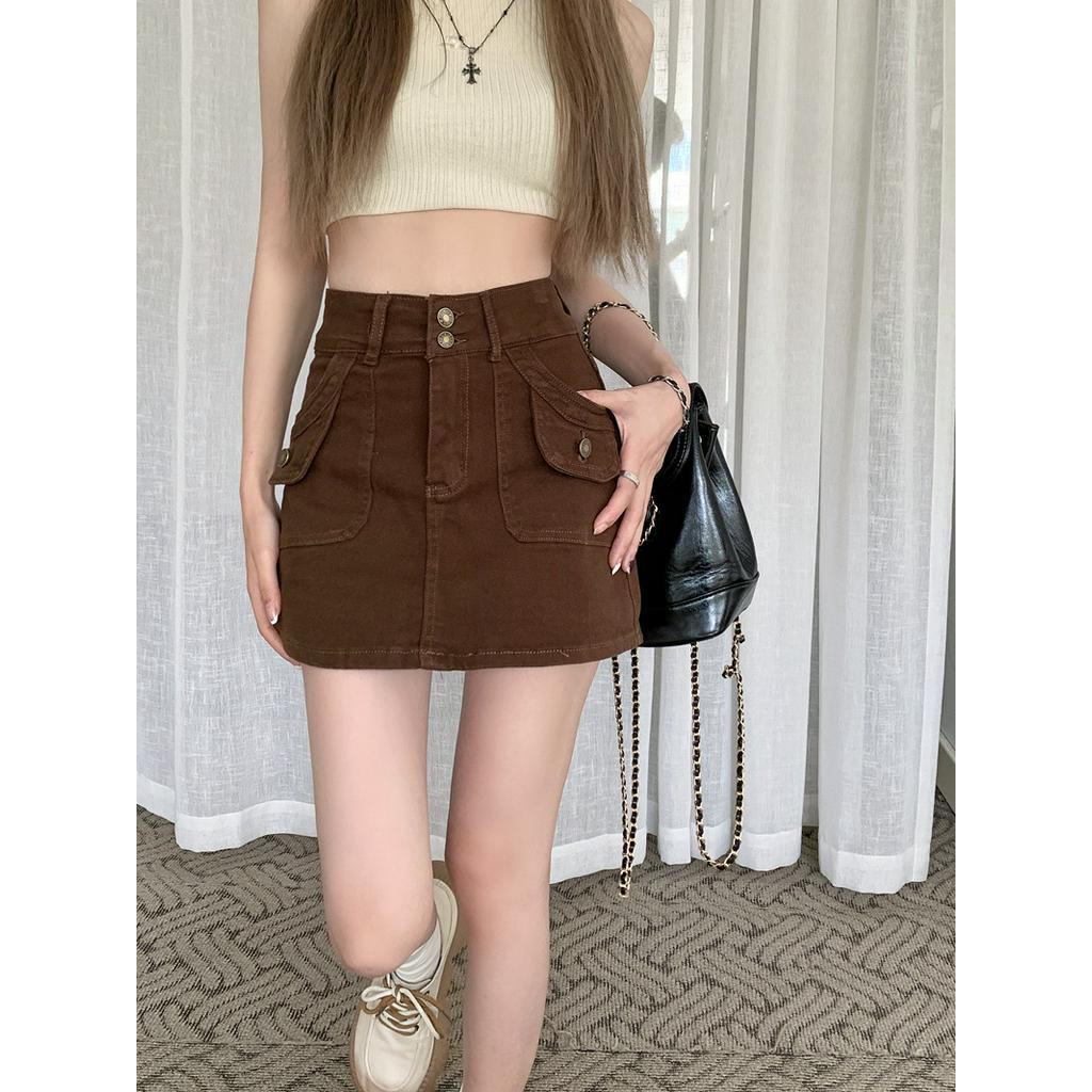 Chân Váy Denim Lưng Cao Dáng Chữ a Phối Hai Hàng Nút Phong Cách Thời Trang Mới 64996