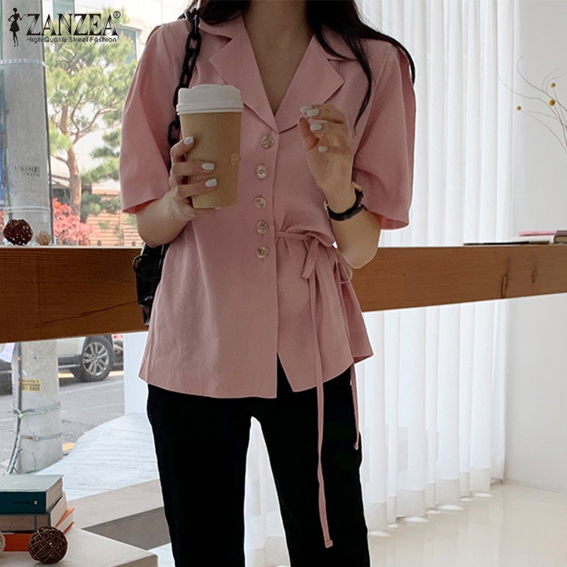 Áo kiểu Zanzea tay ngắn cổ bẻ thắt nơ eo phong cách Hàn Quốc thời trang cho nữ
