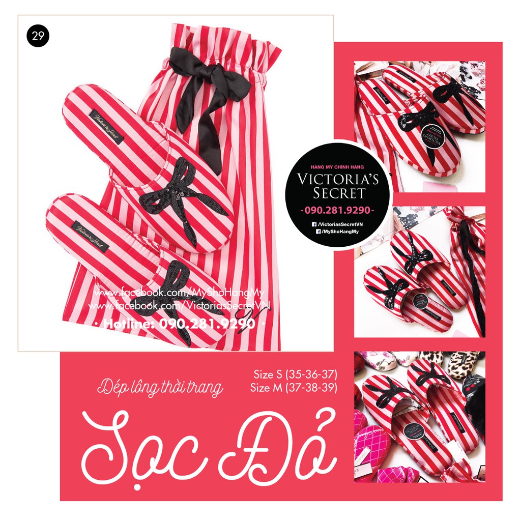 (Dép 29) Dép satin sọc đỏ phối nơ kết cườm siêu xinh - Size S, M - Pink, Victoria's Secret