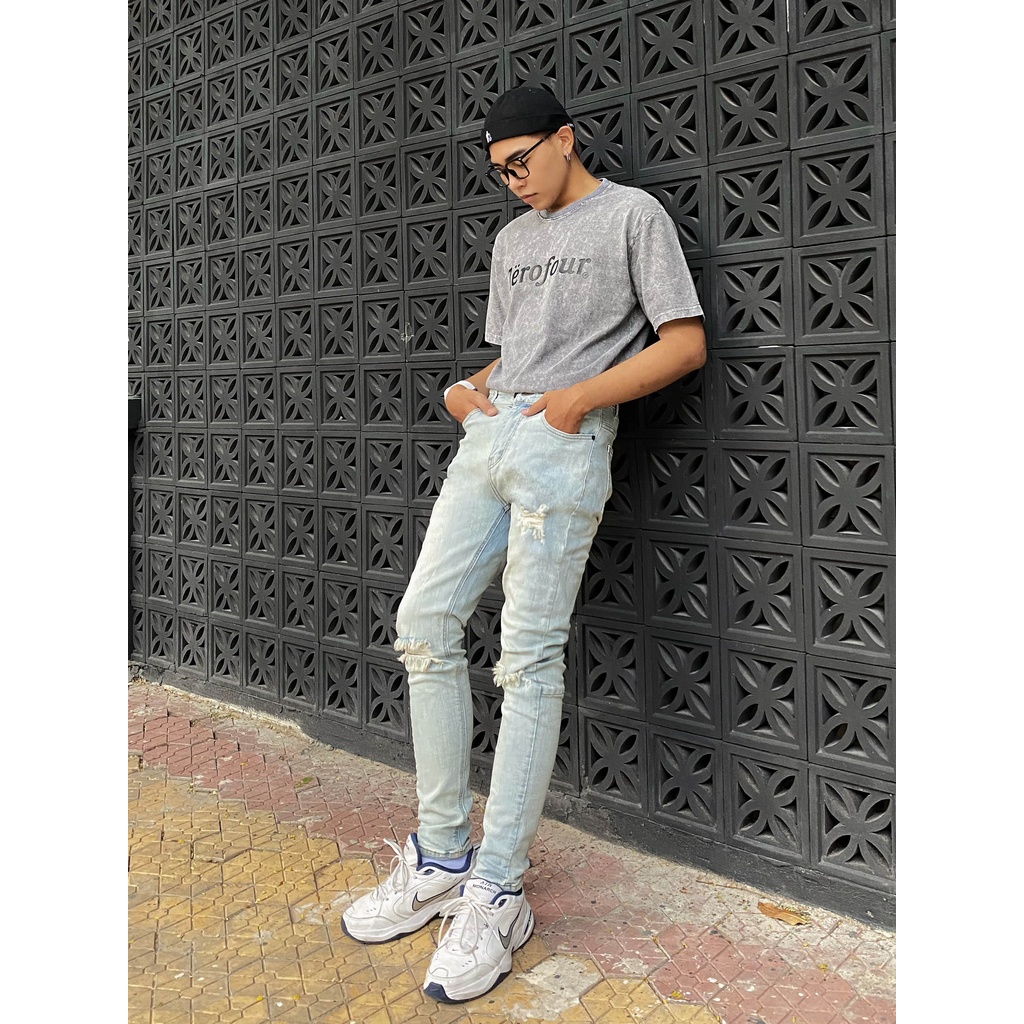 Quần Jeans nam xanh bạc phối rách (form skinny)